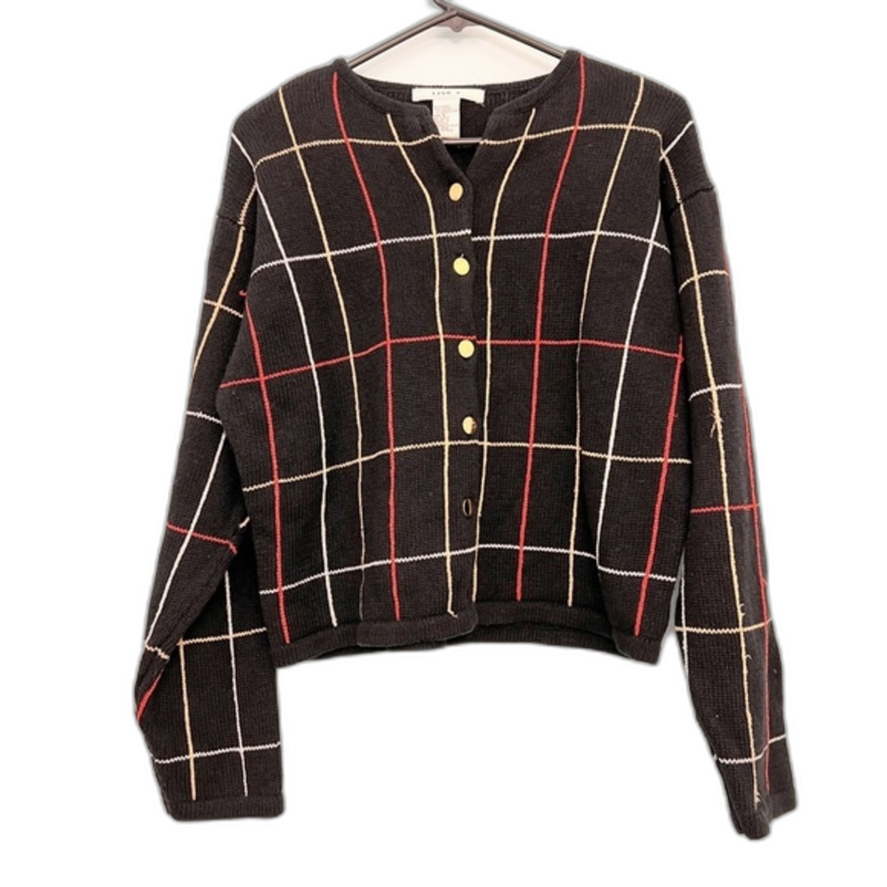 Women's LISE J. Vintage / Clasic Sweaters Casual Drop Shoulder Plaid Cardigan.